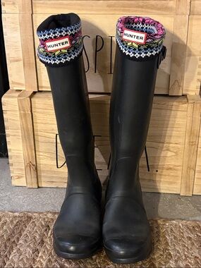 Hunter Black Tall Rain Boots with Pink and Blue Knit Cuffs
